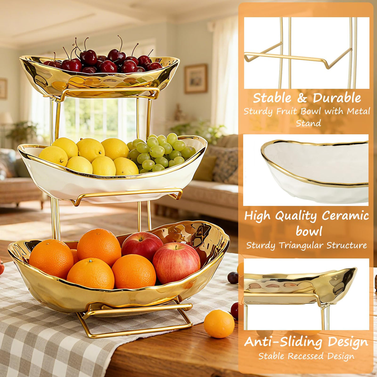 3 Tier Ceramic Fruit Bowl with Metal Rack H757668
