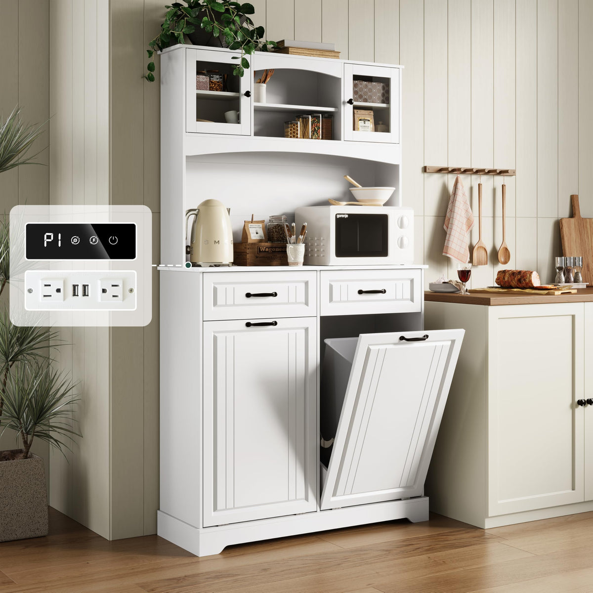 13 Gallons Double Tilt Out Trash Can Cabinet with Power Outlet, 71" Tall Kitchen Pantry Storage Cabinet, White S71058
