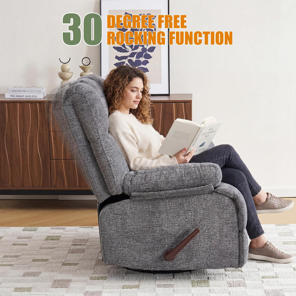 Oversized Chenille Grey Swivel Rocker Recliner O872