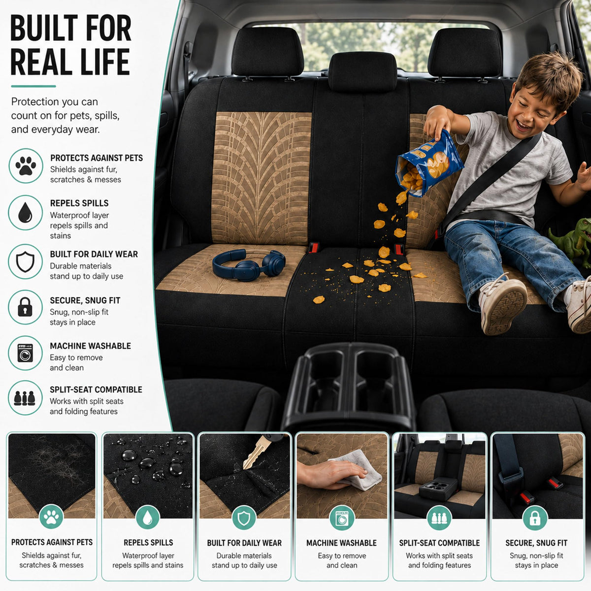 Beige Cloth Car Seat Covers Full Set G2756