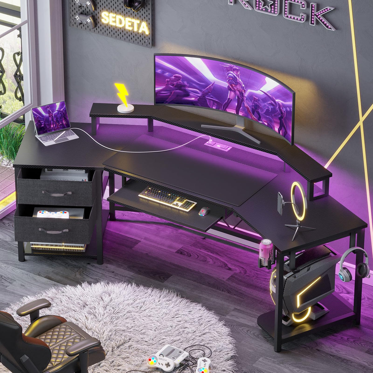 79" Gaming Desk with Fabric Drawers Storage F663
