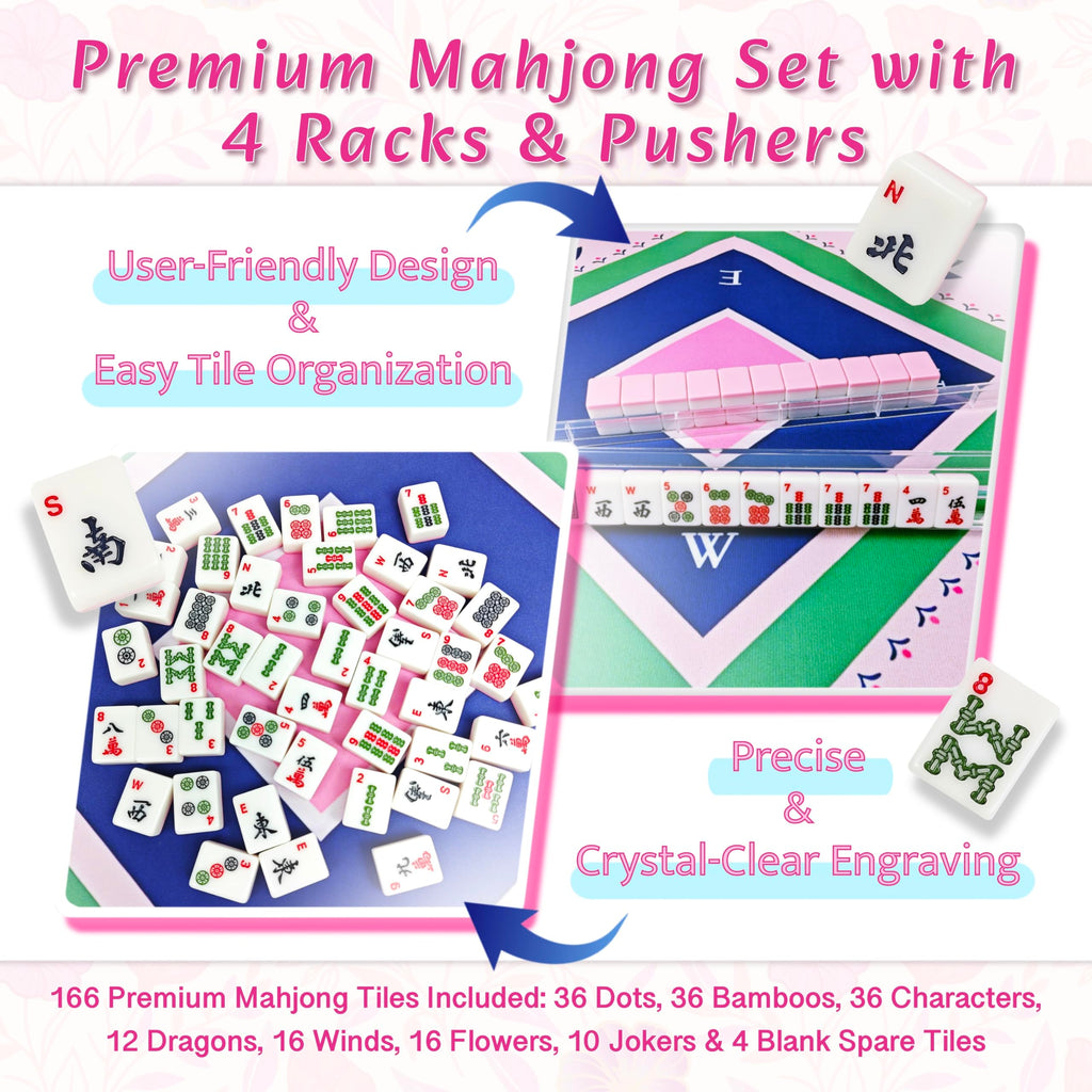 Pink Mahjong Game Set with 166 Tiles, Mat, 4 Racks and Bag J6099