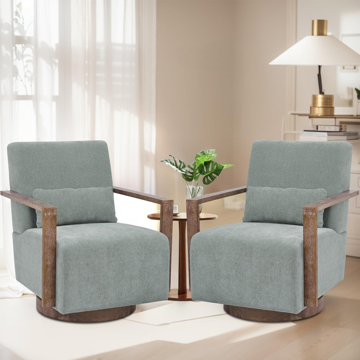 Green Swivel Accent Arm Chair Set of 2 with Solid Wood Base Y502716