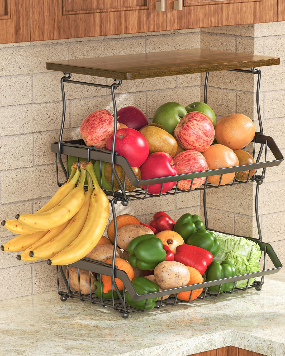 3 Tier Countertop Fruit Basket Bread Bowl with 2 Banana Hangers W489353