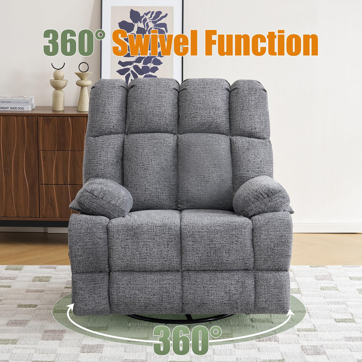 Oversized Chenille Grey Swivel Rocker Recliner O872