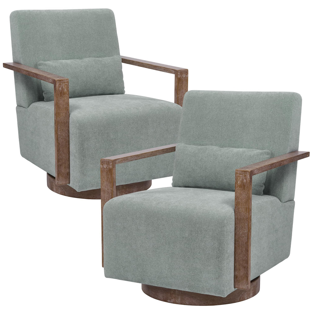 Green Swivel Accent Arm Chair Set of 2 with Solid Wood Base Y502716