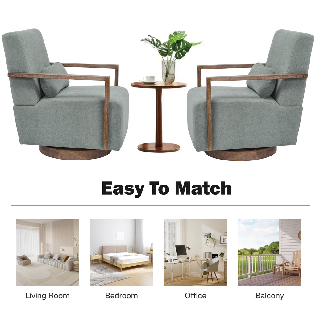 Green Swivel Accent Arm Chair Set of 2 with Solid Wood Base Y502716