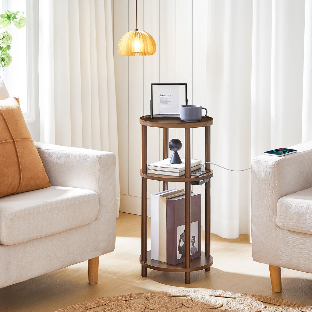 Set of 2 Round Bamboo Side Tables with Charging Station F50313