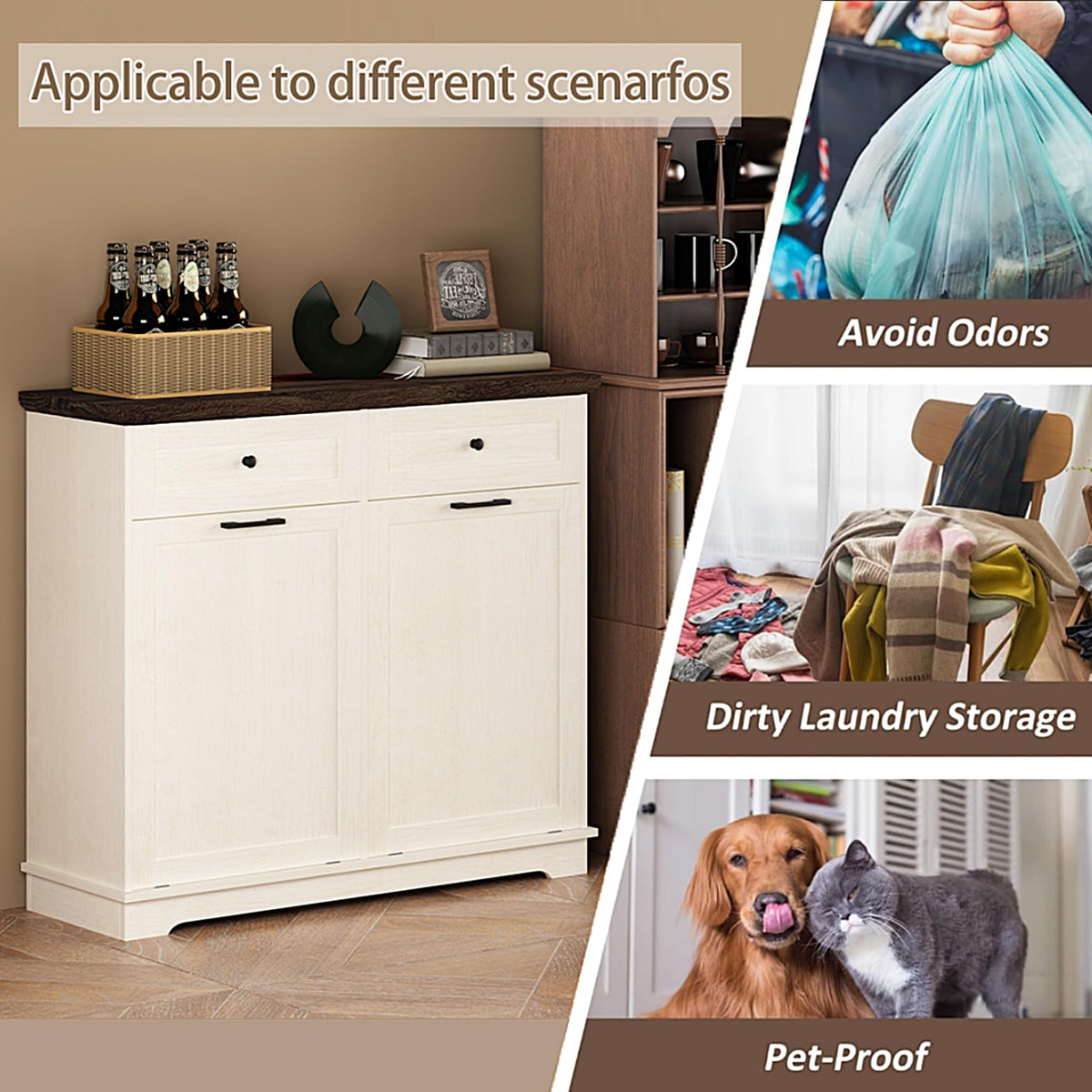20 Gallon Wooden Tilt Out Trash Can Cabinet with Drawers G650041