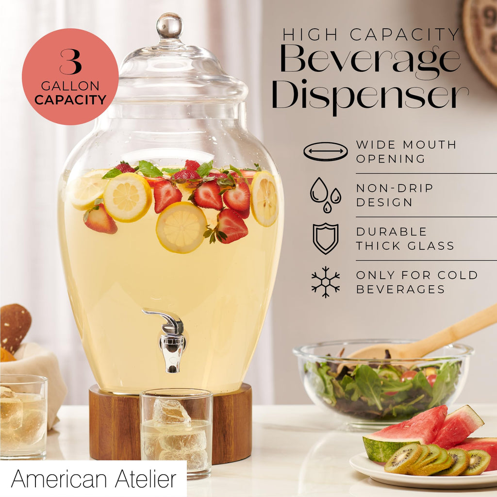 Glass Beverage Dispenser with Wood Base, 3 Gallon W99769