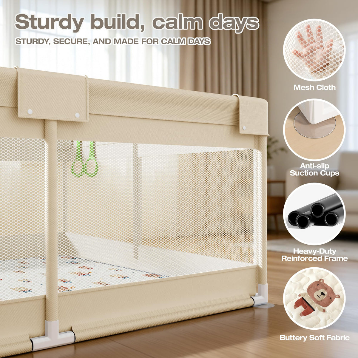 Baby Playpen with Mat, 47x47in Beige W75612