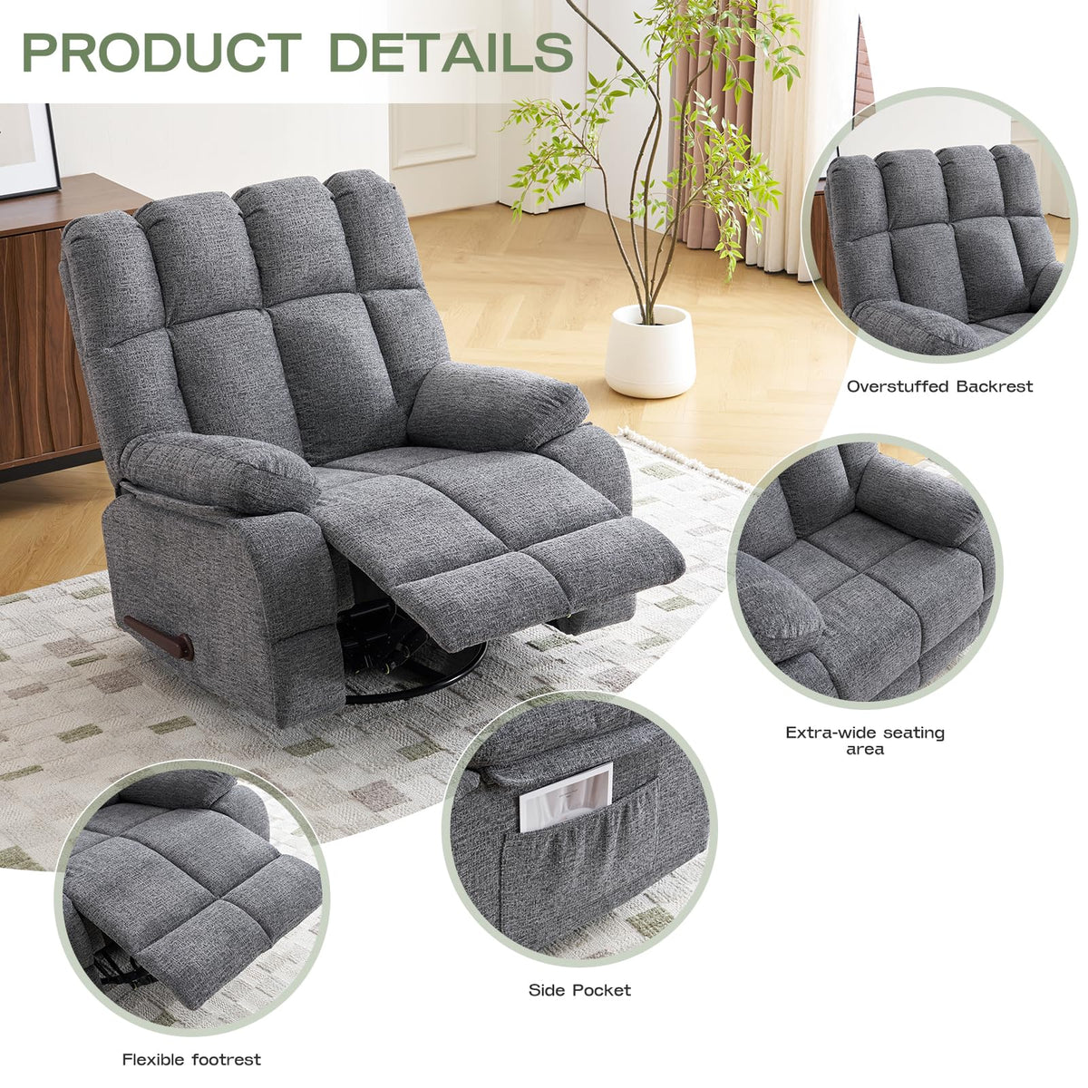 Oversized Chenille Grey Swivel Rocker Recliner O872