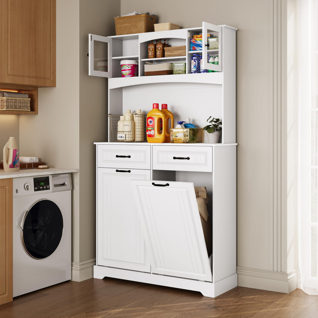 13 Gallons Double Tilt Out Trash Can Cabinet with Power Outlet, 71" Tall Kitchen Pantry Storage Cabinet, White S71058