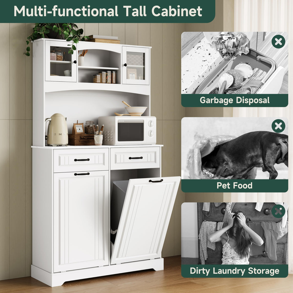 13 Gallons Double Tilt Out Trash Can Cabinet with Power Outlet, 71" Tall Kitchen Pantry Storage Cabinet, White S71058
