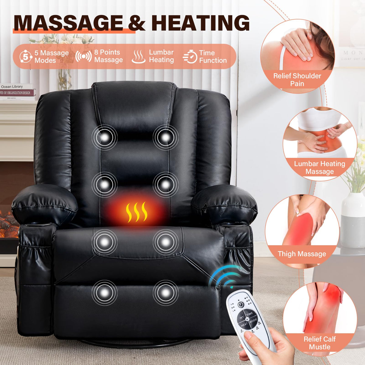 Massage Swivel Recliner Chair with Heat and Cup Holders E16444