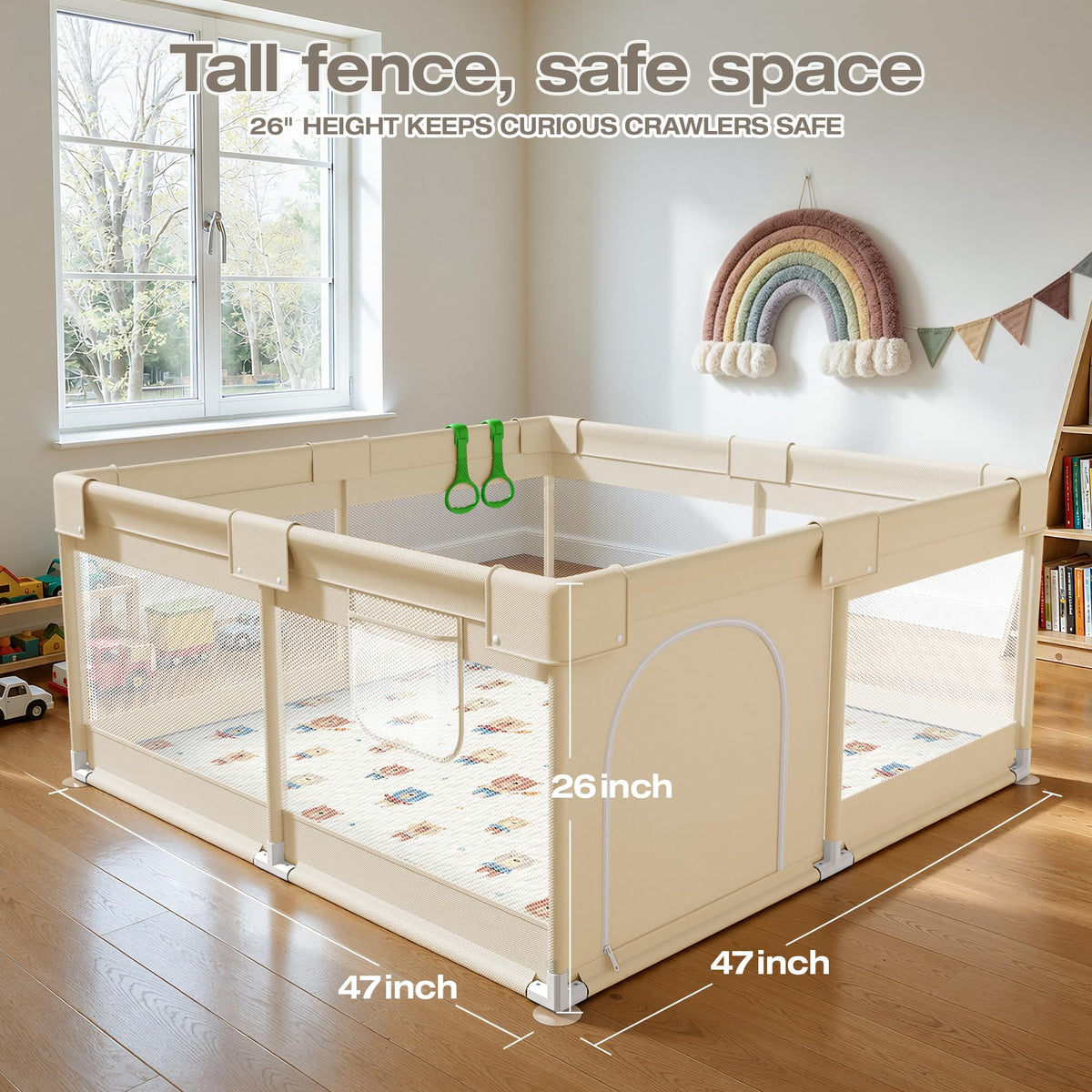 Baby Playpen with Mat, 47x47in Beige W75612