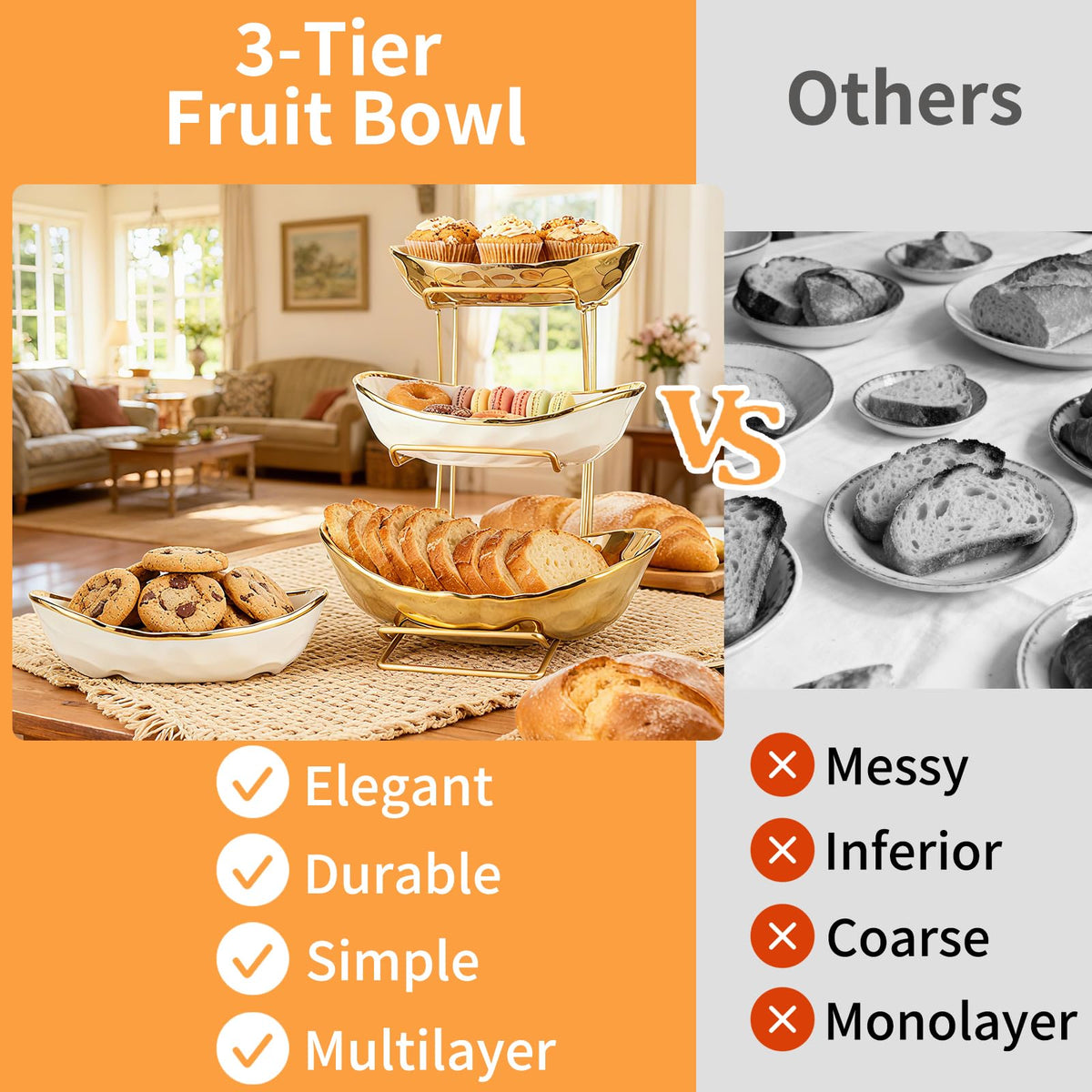 3 Tier Ceramic Fruit Bowl with Metal Rack H757668