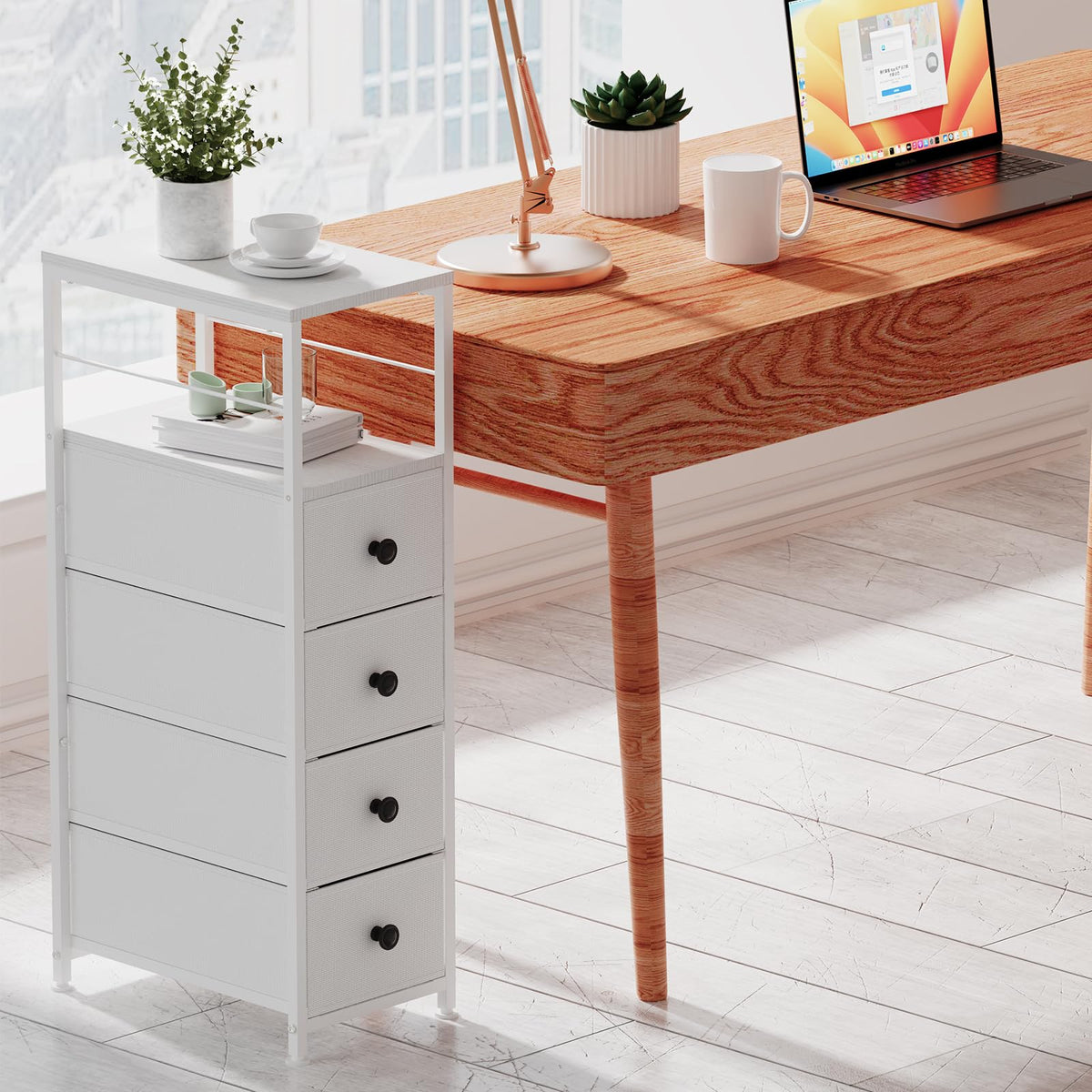 White Narrow Dresser with 4 Fabric Drawers F440870