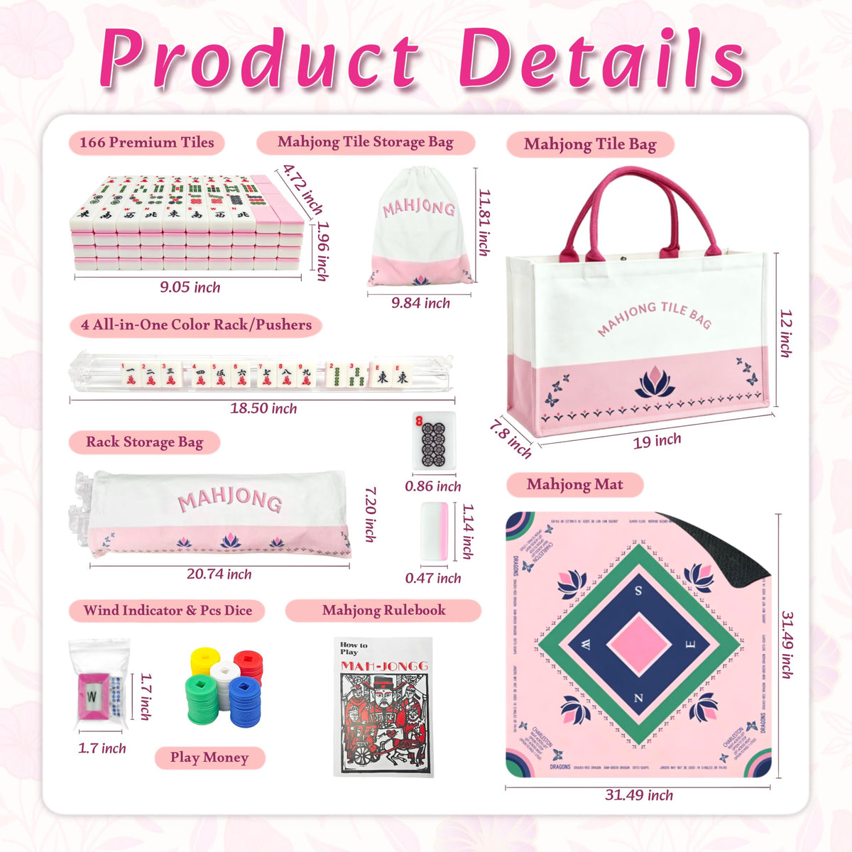 Pink Mahjong Game Set with 166 Tiles, Mat, 4 Racks and Bag J6099