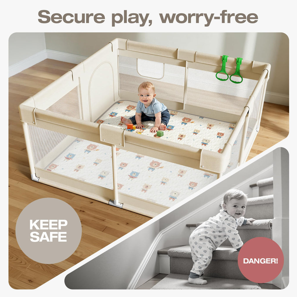 Baby Playpen with Mat, 47x47in Beige W75612