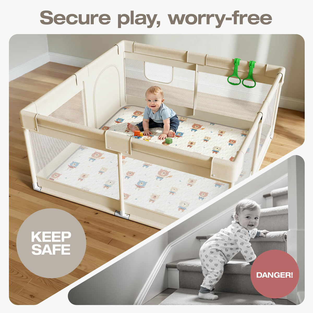 Baby Playpen with Mat, 47x47in Beige W75612