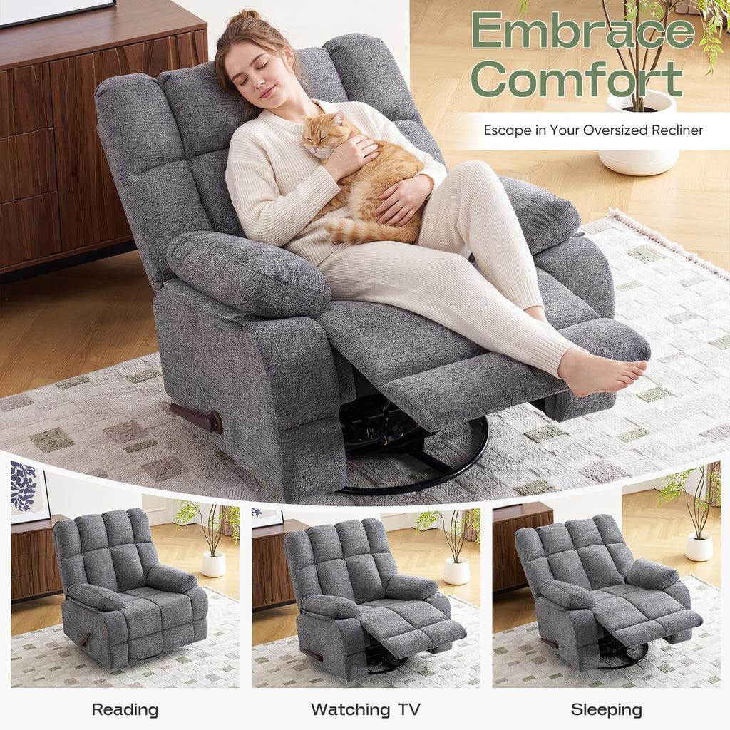 Oversized Chenille Grey Swivel Rocker Recliner O872