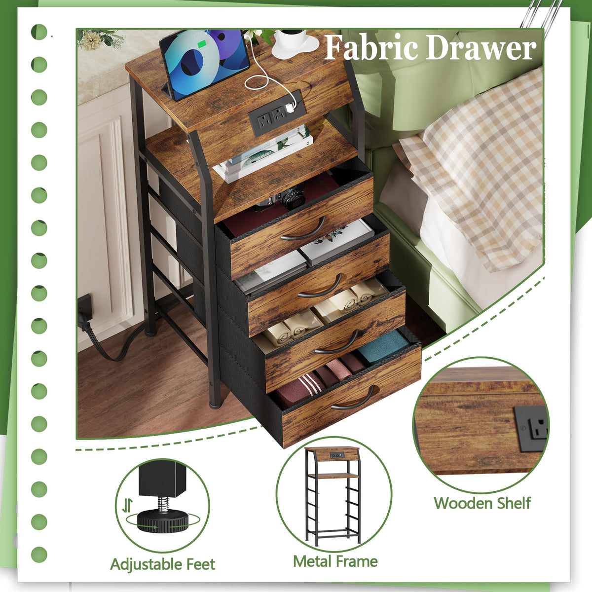 4 Drawer Night Stand with Charging Station T7392