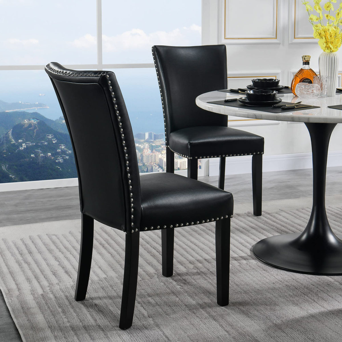 Black Leather Dining Chairs Set of 2 Q9939