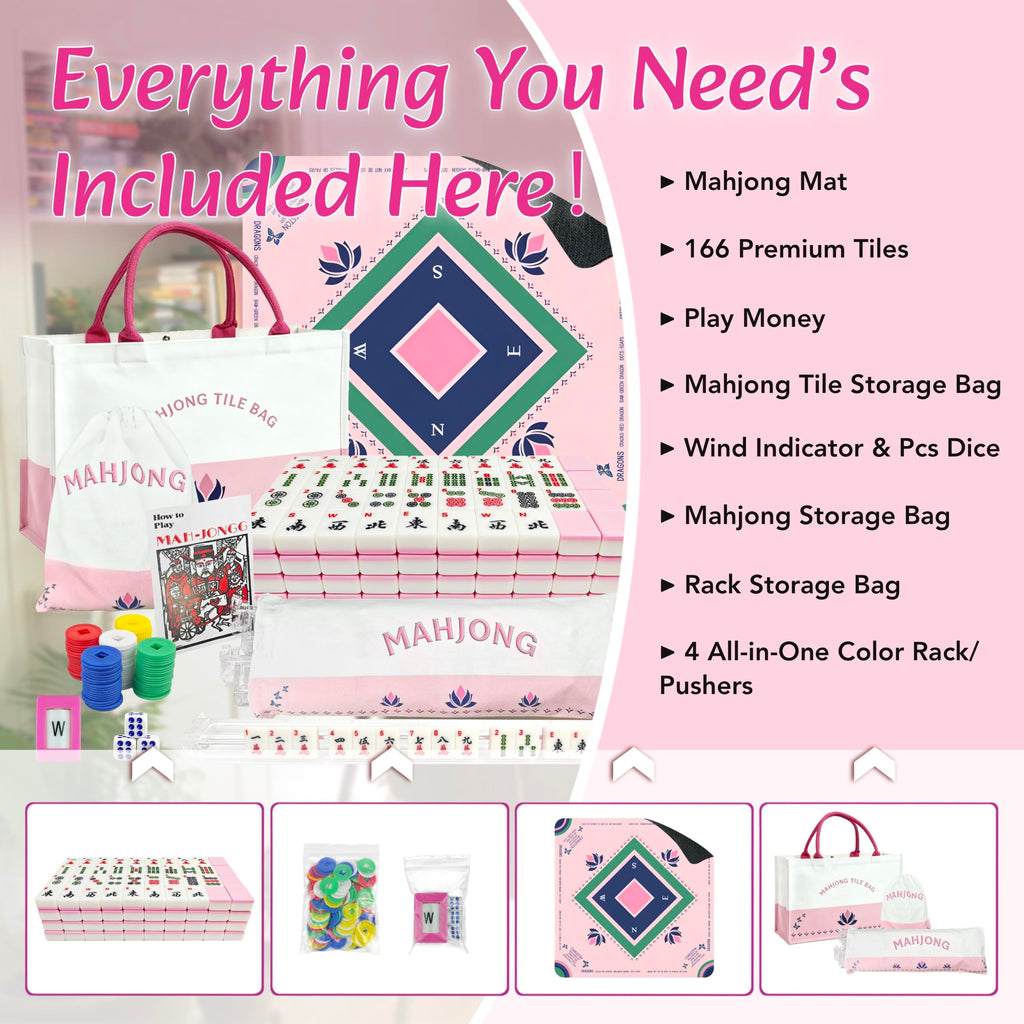 Pink Mahjong Game Set with 166 Tiles, Mat, 4 Racks and Bag J6099