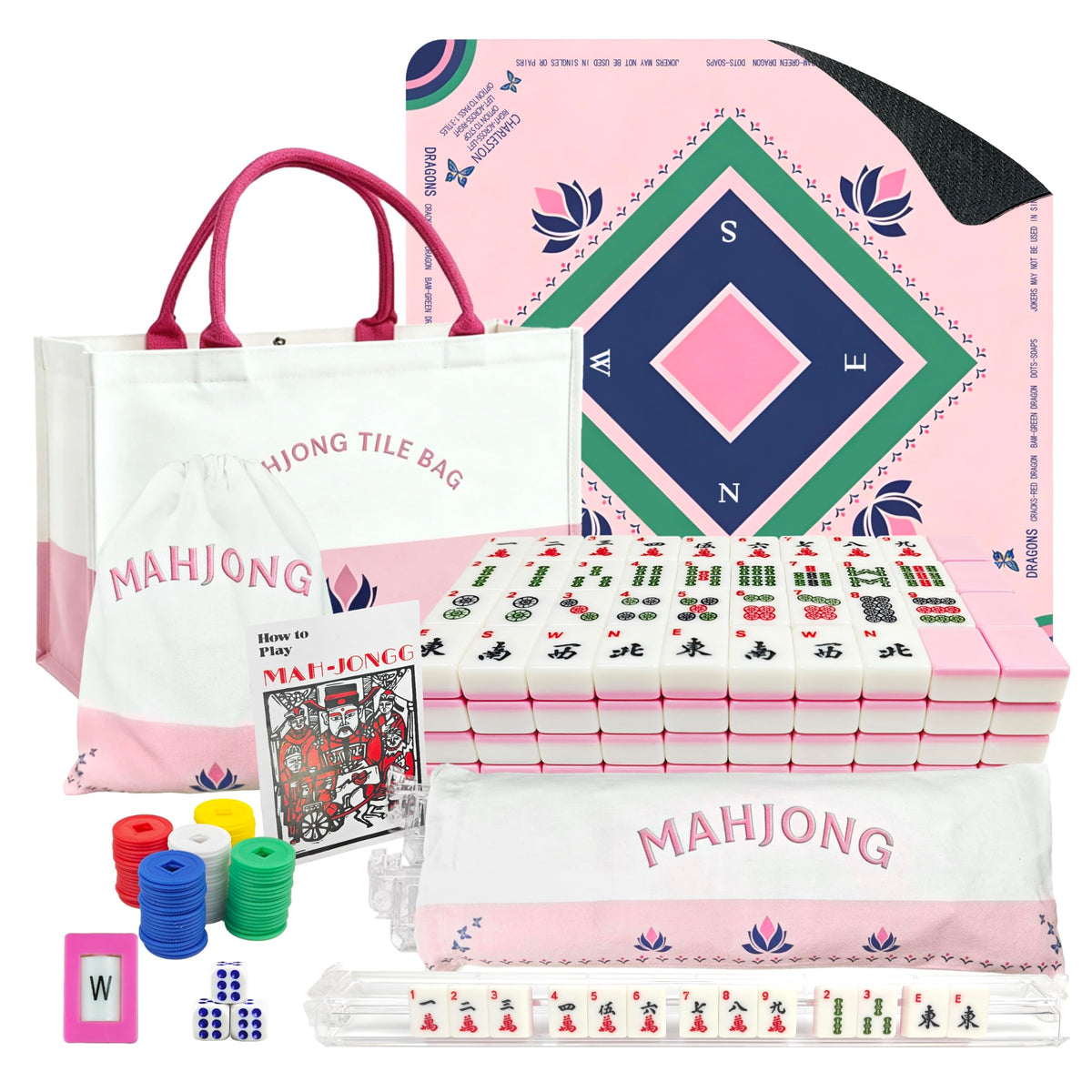 Pink Mahjong Game Set with 166 Tiles, Mat, 4 Racks and Bag J6099