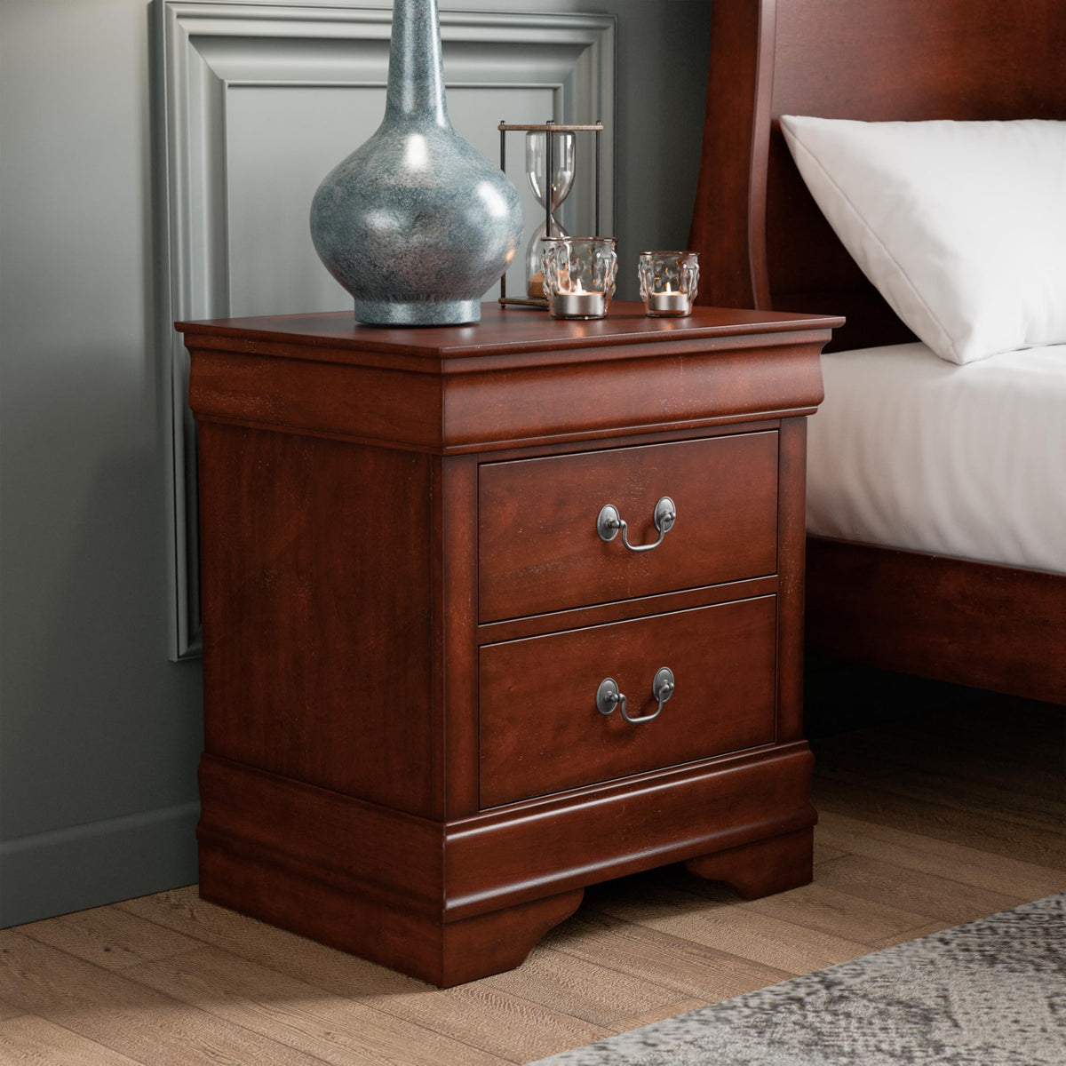 Solid Wood Nightstand with Drawers and Antique Nickle Handles B4738
