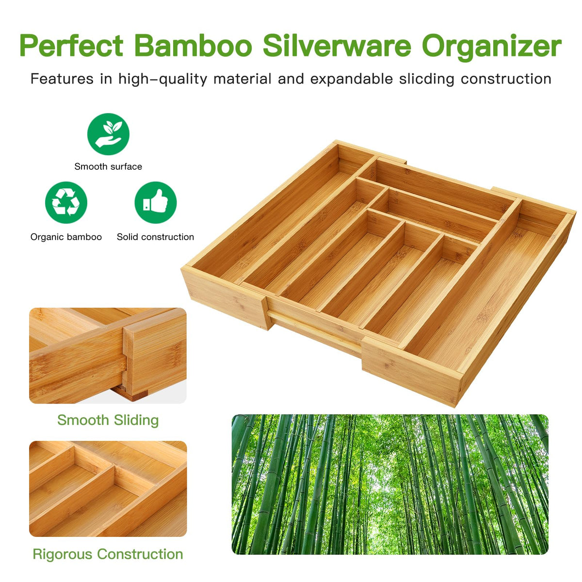 Bamboo Expandable Silverware Drawer Organizer Q1309