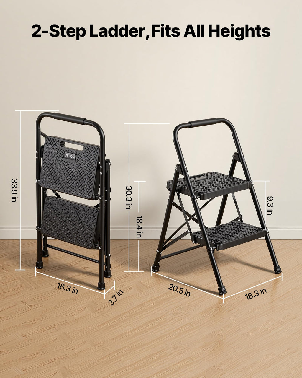 2 Step Folding Steel Ladder 600 lbs Capacity Black E8813