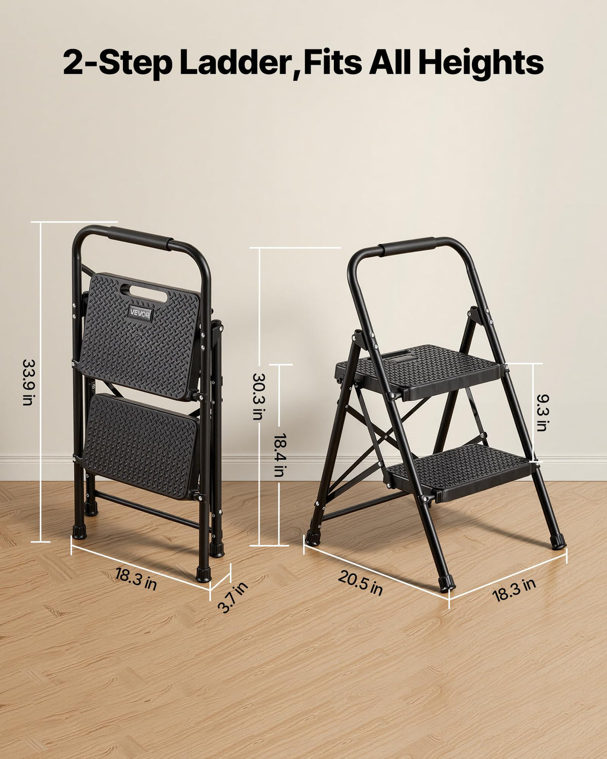 2 Step Folding Steel Ladder 600 lbs Capacity Black E8813