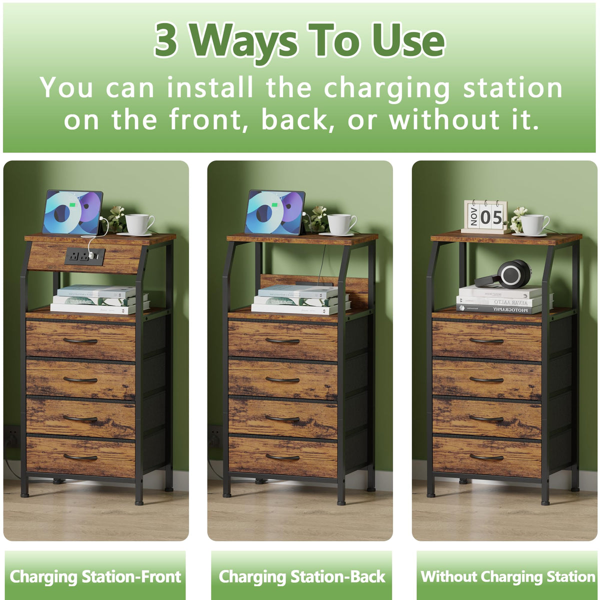 4 Drawer Night Stand with Charging Station T7392