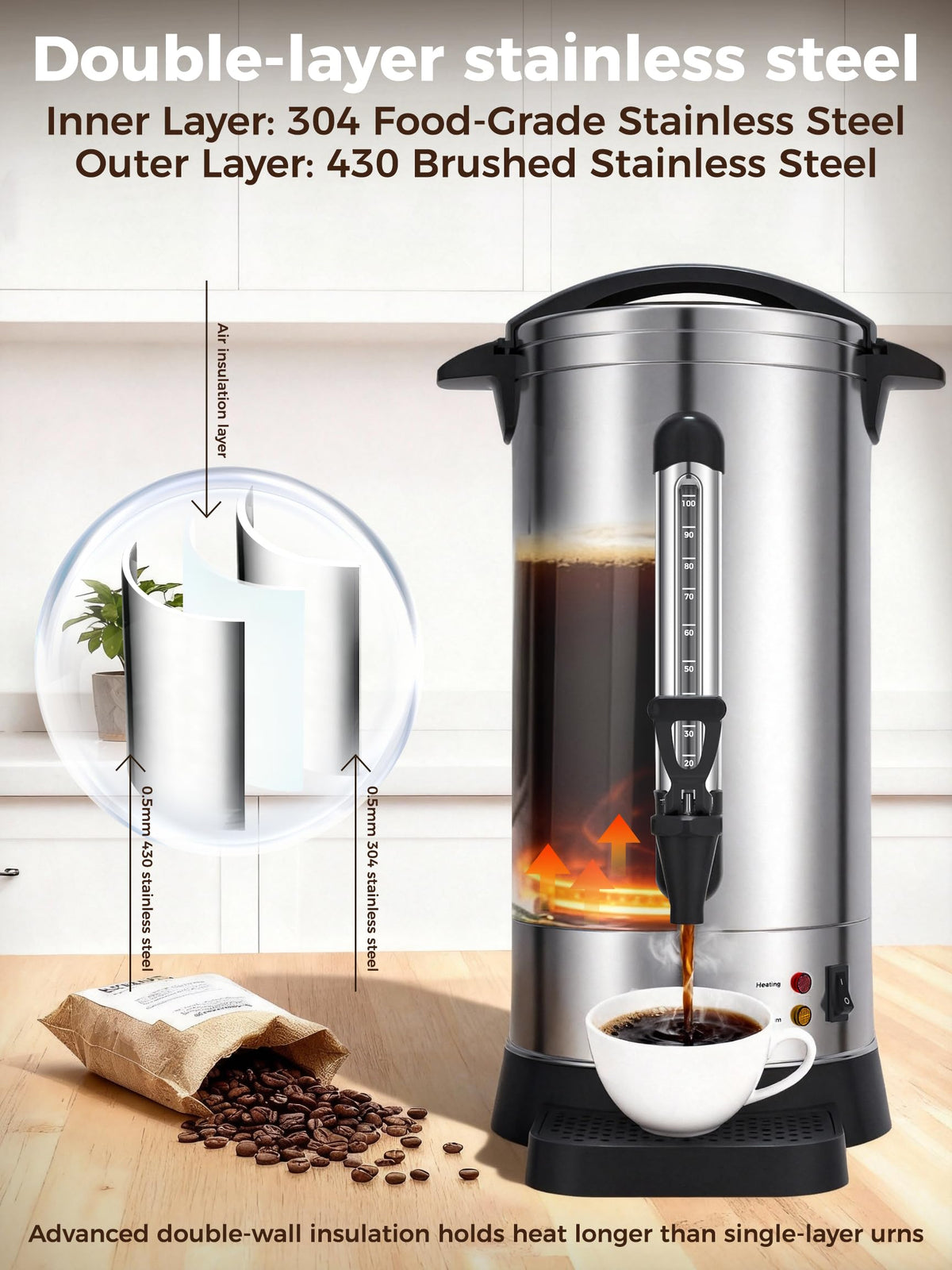 1500W 100 Cup Stainless Steel Commercial Coffee Urn X632