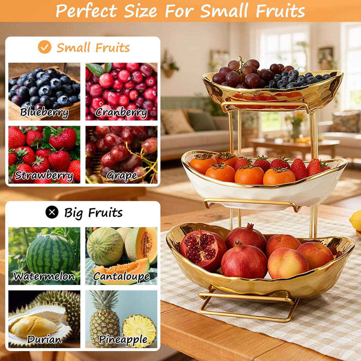 3 Tier Ceramic Fruit Bowl with Metal Rack H757668