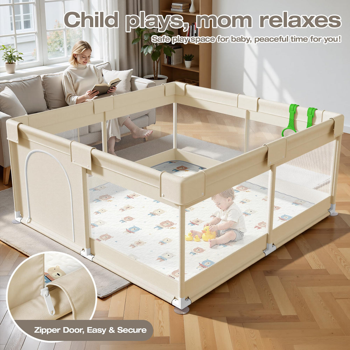 Baby Playpen with Mat, 47x47in Beige W75612