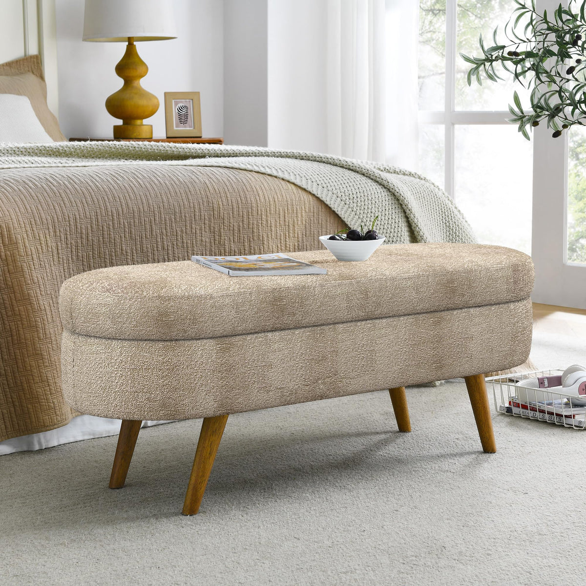 Oval Storage Bench with Rubber Wood Legs, Gray D403685