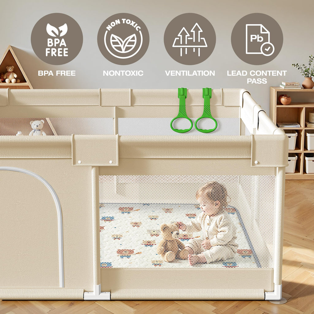 Baby Playpen with Mat, 47x47in Beige W75612
