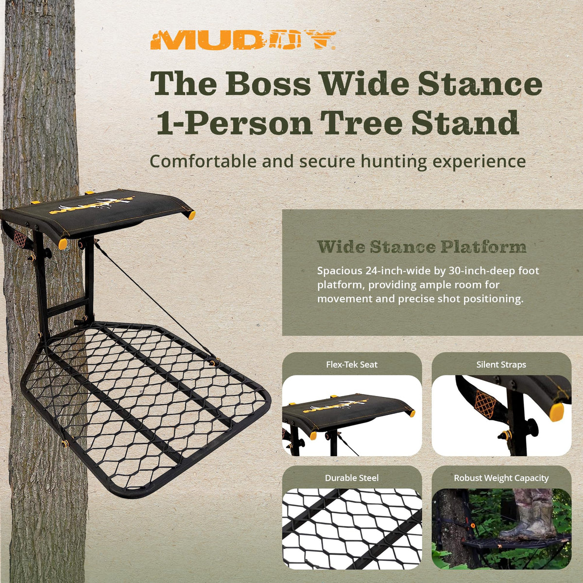 1-Person Tree Stand Platform & Set of 3 Climbing Sticks with Fold-Up Steps N4291