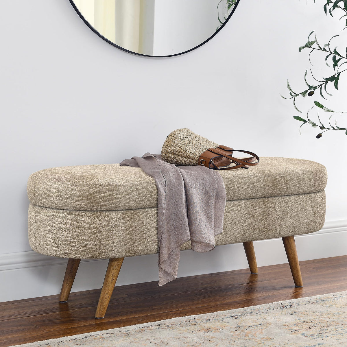 Oval Storage Bench with Rubber Wood Legs, Gray D403685