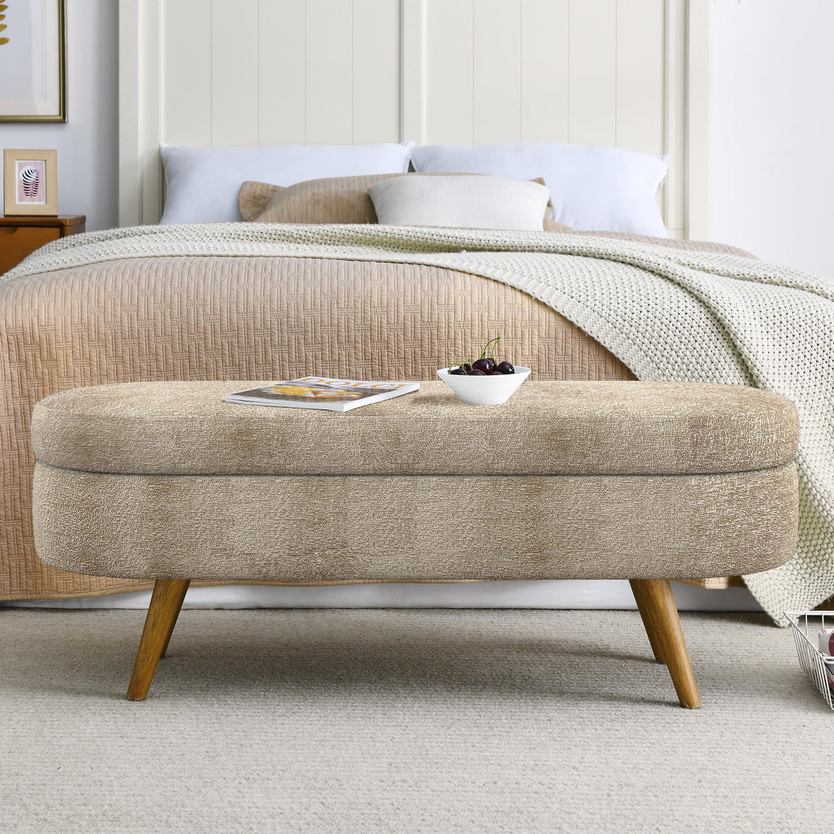 Oval Storage Bench with Rubber Wood Legs, Gray D403685