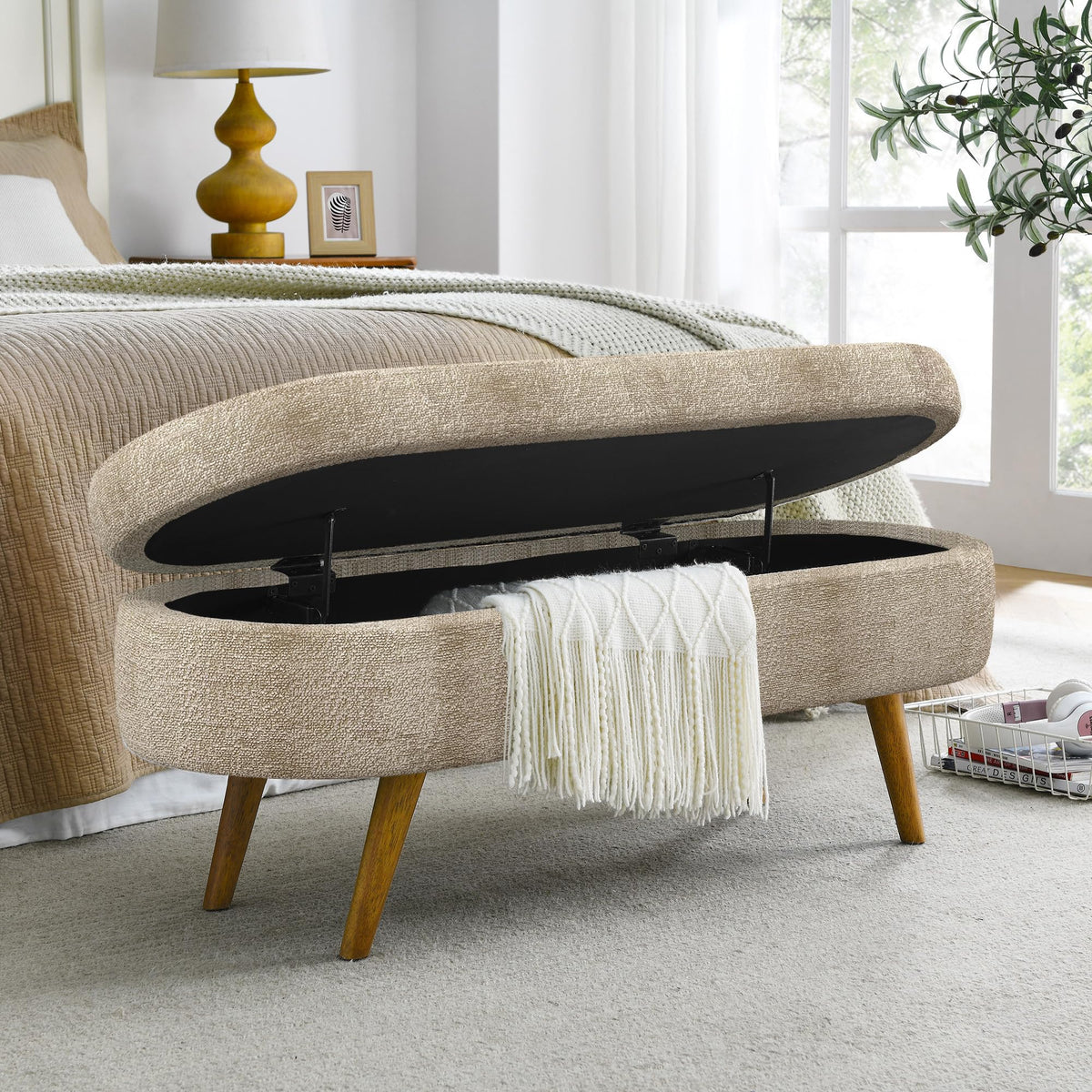 Oval Storage Bench with Rubber Wood Legs, Gray D403685